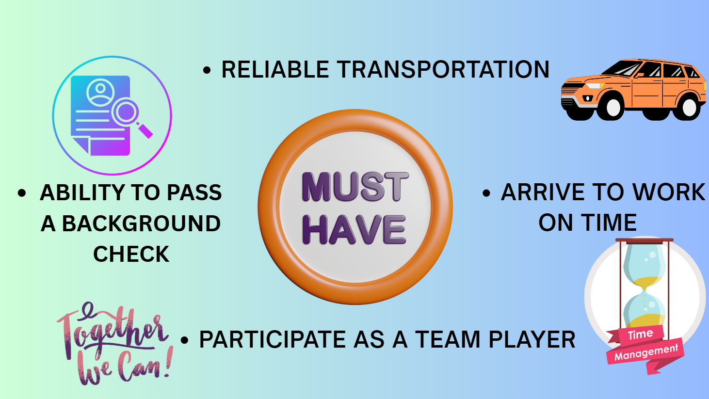 Sanitas caregiver requirements: pass a background check, reliable transportation, participate as a team player, and arrive to work on time